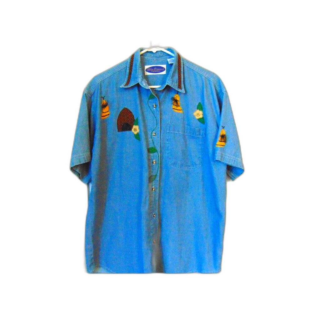 Whimsical Blue Denim Shirt by Blue Diamond Size Large Bee embellishments